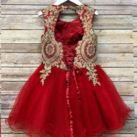Red Tulle Flower Girl Dresses with Gold Appliques - Thumbnail 1