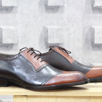 Handmade Black & Brown Wing tip Brogue Leather Men Shoes, Lace Up Shoes for men's - Thumbnail 1