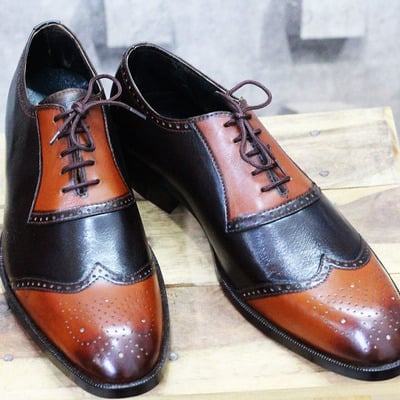 Handmade black & brown wing tip brogue leather men shoes, lace up shoes for men's - Thumbnail 4
