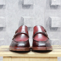 Handmade Tone Burgundy Leather shoes, Men's Double Monk Formal Shoes - Thumbnail 2