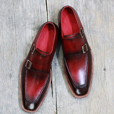 Handmade tone burgundy leather shoes, men's double monk formal shoes - Thumbnail 3