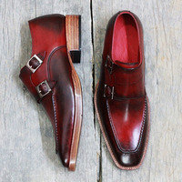 Handmade Tone Burgundy Leather shoes, Men's Double Monk Formal Shoes - Thumbnail 1