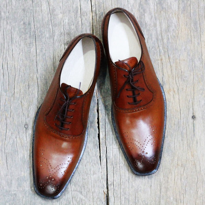 Handmade brown brogue leather men shoes, lace up shoes for men's - Thumbnail 3