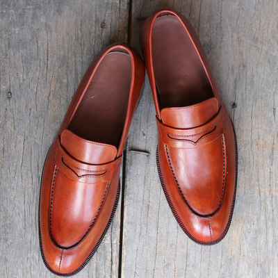 Handmade tan leather shoes, men's split toe penny loafers shoes - Thumbnail 4
