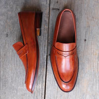 Handmade Tan Leather shoes, Men's Split Toe Penny Loafers Shoes - Thumbnail 2