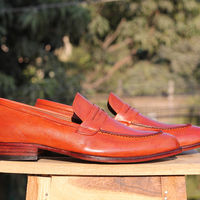 Handmade Tan Leather shoes, Men's Split Toe Penny Loafers Shoes - Thumbnail 3