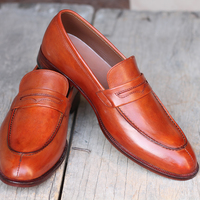 Handmade Tan Leather shoes, Men's Split Toe Penny Loafers Shoes - Thumbnail 1