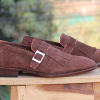 Handmade Brown Suede shoes, Men's Fringe Monk Loafers Shoes - Thumbnail 1