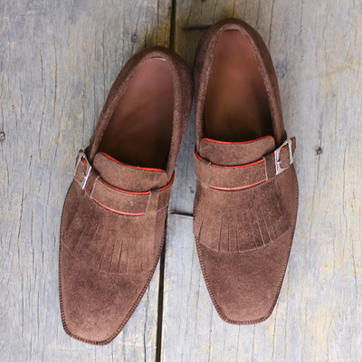 Handmade brown suede shoes, men's fringe monk loafers shoes - Thumbnail 2