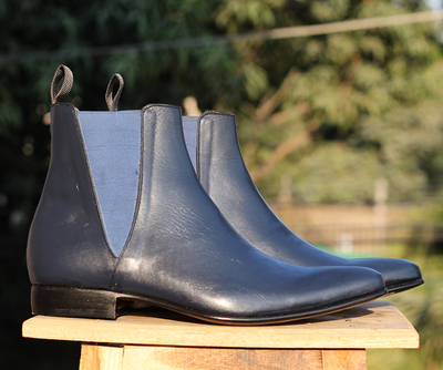 Handmade Men's Blue Ankle High Chelsea  Boot, Men's Leather Boot