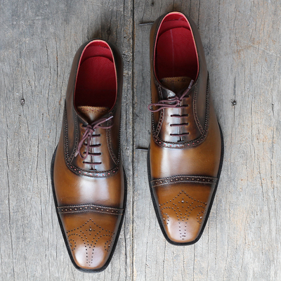 Handmade cognac brogue cap toe leather men shoes, lace up shoes for men's - Thumbnail 5