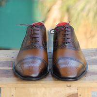 Handmade Cognac Brogue Cap Toe Leather Men Shoes, Lace Up Shoes for men's - Thumbnail 4