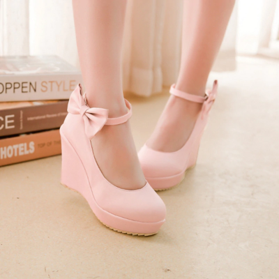 Cute Ankle Strap Wedge Pumps with Bow