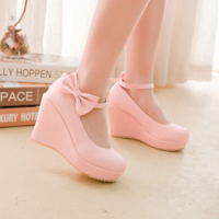 Cute Ankle Strap Wedge Pumps with Bow - Thumbnail 1