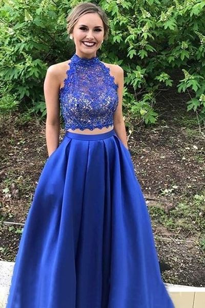 A-Line Two Piece Hater Royal Blue Satin Long Prom Dresses with Lace Top,Evening Party Dresses with Pockets