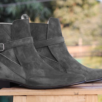 Men's Handmade Gray Ankle Boots, Buckle Suede Designer Boots for Men - Thumbnail 2