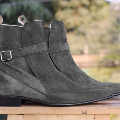 Men's handmade gray ankle boots, buckle suede designer boots for men - Thumbnail 3