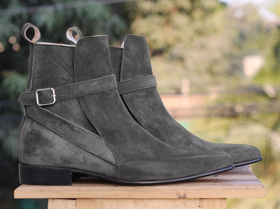 Men's Handmade Gray Ankle Boots, Buckle Suede Designer Boots for Men