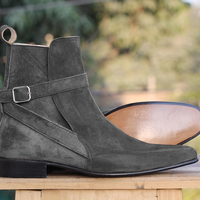 Men's Handmade Gray Ankle Boots, Buckle Suede Designer Boots for Men - Thumbnail 3