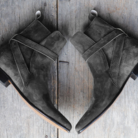 Men's Handmade Gray Ankle Boots, Buckle Suede Designer Boots for Men - Thumbnail 4