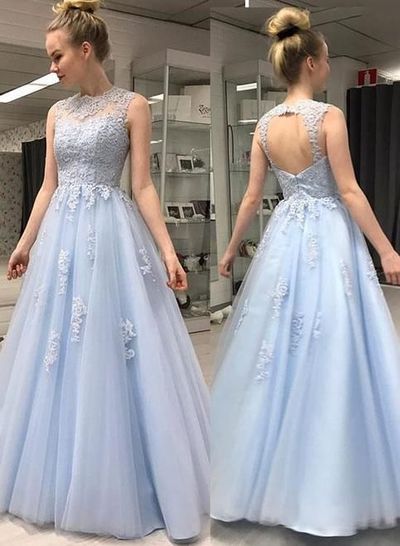 Charming A-Line Round Neck Blue Tulle Long Prom Dresses with Appliques,Formal Party Gown