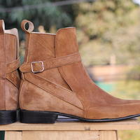 Men's Handmade Tan Brown Ankle Boots, Jodhpurs Suede Designer Boots for Men - Thumbnail 3