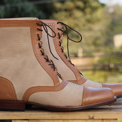 Handmade  beige brown cap toe ankle boots,lace up denim leather boots for men - Thumbnail 2