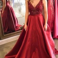 Stunning A-Line V Neck Open Back Dark Red Satin Long Prom Dresses with Beading,Evening Party Dresses - Thumbnail 1