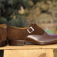 Handmade Brown Brogue Leather Suede shoes, Men's Monk Strap Formal Shoes - Thumbnail 1
