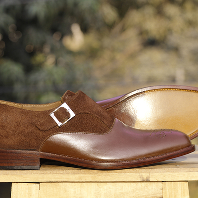 Handmade brown brogue leather suede shoes, men's monk strap formal shoes - Thumbnail 4