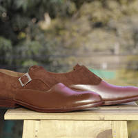 Handmade Brown Brogue Leather Suede shoes, Men's Monk Strap Formal Shoes - Thumbnail 2