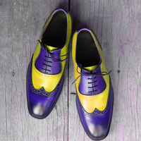 Men's Handmade Yellow Blue Wing Tip Leather Lace Up Shoes For Men's  - Thumbnail 1