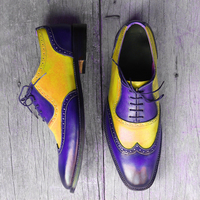 Men's Handmade Yellow Blue Wing Tip Leather Lace Up Shoes For Men's  - Thumbnail 2