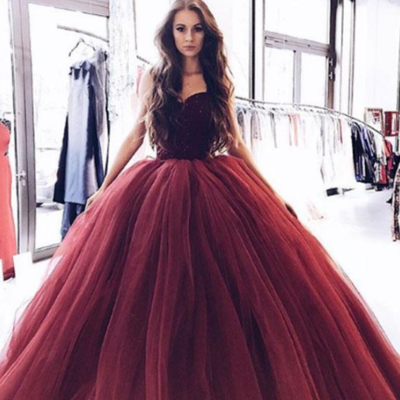Sweetheart burgundy long tulle ball gown prom dress  - Thumbnail 4
