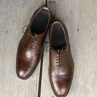 Handmade cap toe leather oxford brown shoes - Thumbnail 3