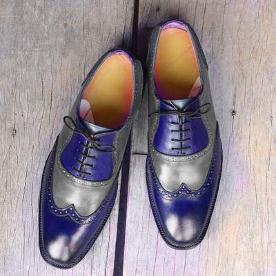 Handmade gray navy blue wing tip leather lace up shoes for men's  - Thumbnail 2