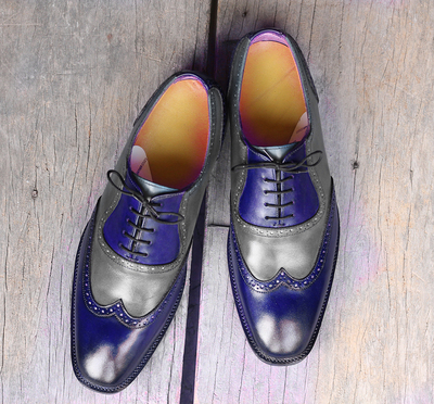 Handmade Gray Navy Blue Wing Tip Leather Lace Up Shoes For Men's 