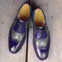 Handmade Gray Navy Blue Wing Tip Leather Lace Up Shoes For Men's  - Thumbnail 1