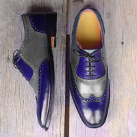 Handmade Gray Navy Blue Wing Tip Leather Lace Up Shoes For Men's  - Thumbnail 3