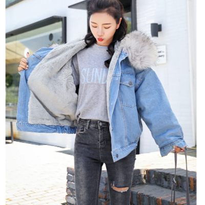 Kawaii denim faux fur coat