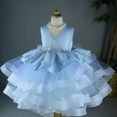 V neck blue flower girl dresses with appliques mj008 - Thumbnail 4