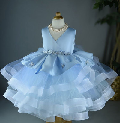V Neck Blue Flower Girl Dresses with Appliques MJ008