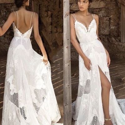 Fairy a-line v neck spaghetti straps white lace beach wedding dresses - Thumbnail 4