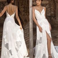 Fairy A-Line V Neck Spaghetti Straps White Lace Beach Wedding Dresses - Thumbnail 1