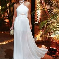 Simple A-Line White Halter Chiffon Long Prom Dresses - Thumbnail 1