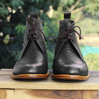 Handmade Ankle high Black Wing Tip Brogue Leather Lace Up Boots For Men's - Thumbnail 1