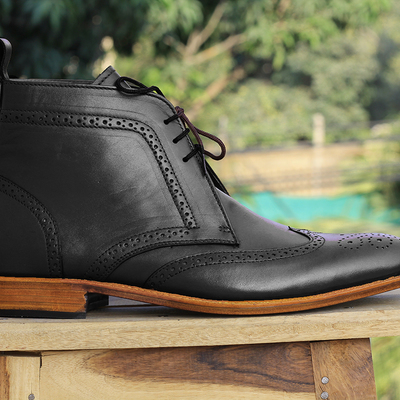 Handmade ankle high black wing tip brogue leather lace up boots for men's - Thumbnail 4