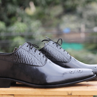 Handmade Black Brogue Alligator Leather Lace Up Shoes For Men's  - Thumbnail 2