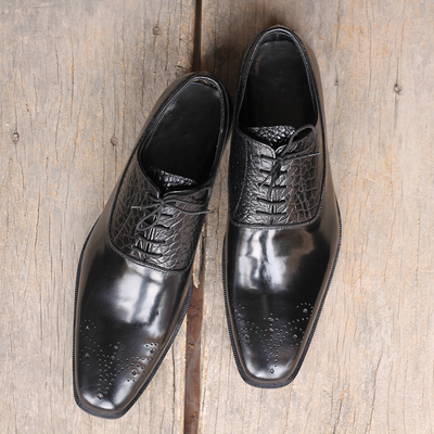 Handmade black brogue alligator leather lace up shoes for men's  - Thumbnail 3