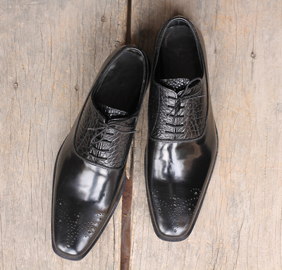 Handmade Black Brogue Alligator Leather Lace Up Shoes For Men's 